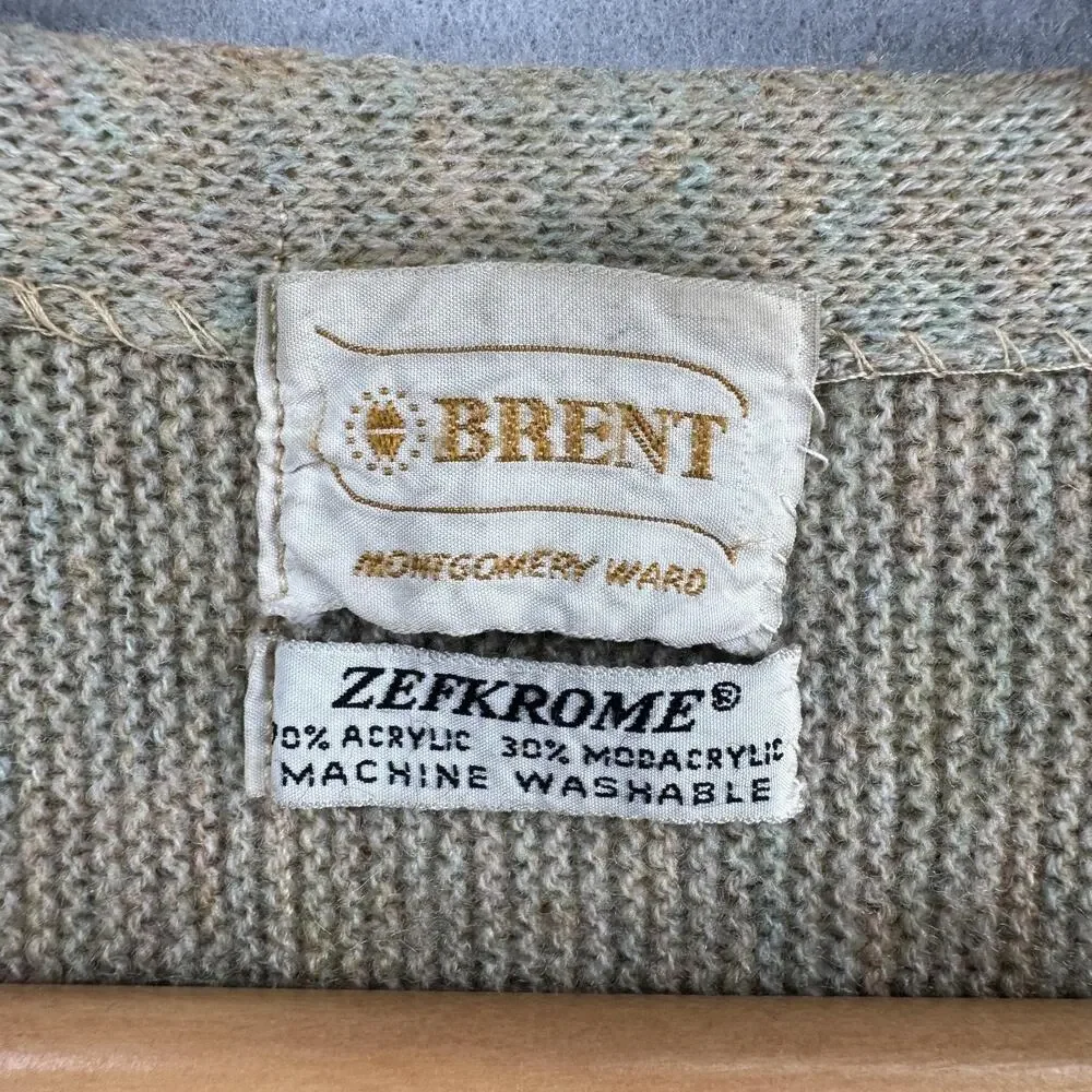 Vintage Brent Sweater Mens Large Beige Acrylic V Neck Knit Cardigan Zefkrome 60s